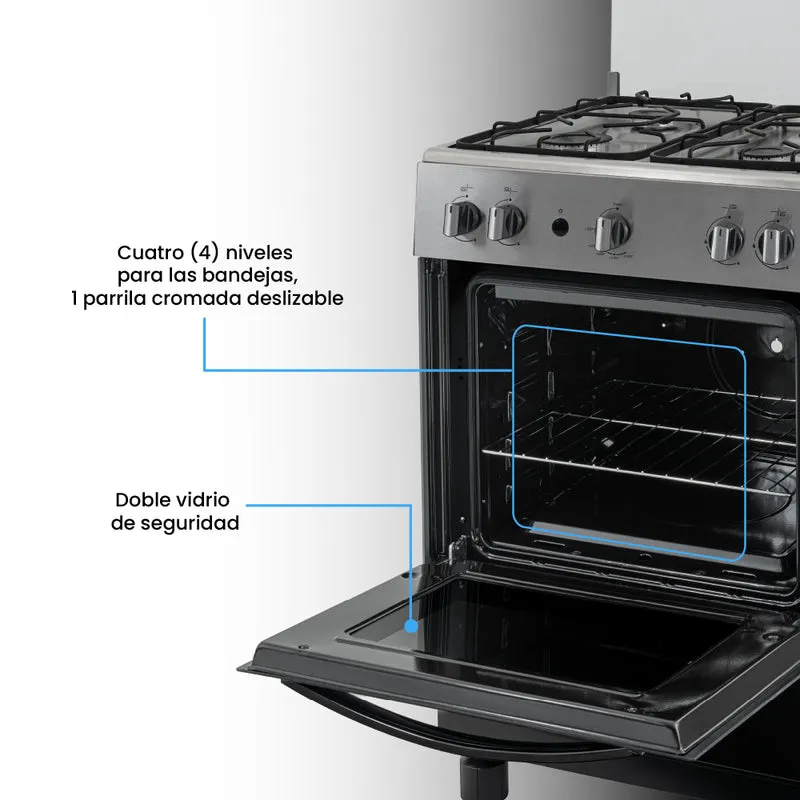 Estufa de Piso 60 cm a Gas Natural con Horno en Acero Inox, Negro