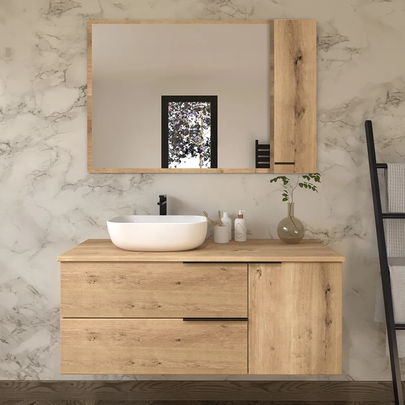 Meuble de salle de bain 120cm avec vasque à poser arrondie - 2 tiroirs et un placard et miroir armoirette KING