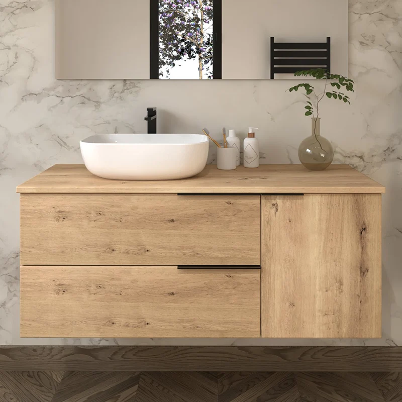 Meuble de salle de bain 100cm avec vasque à poser arrondie - 2 tiroirs et un placard - KING