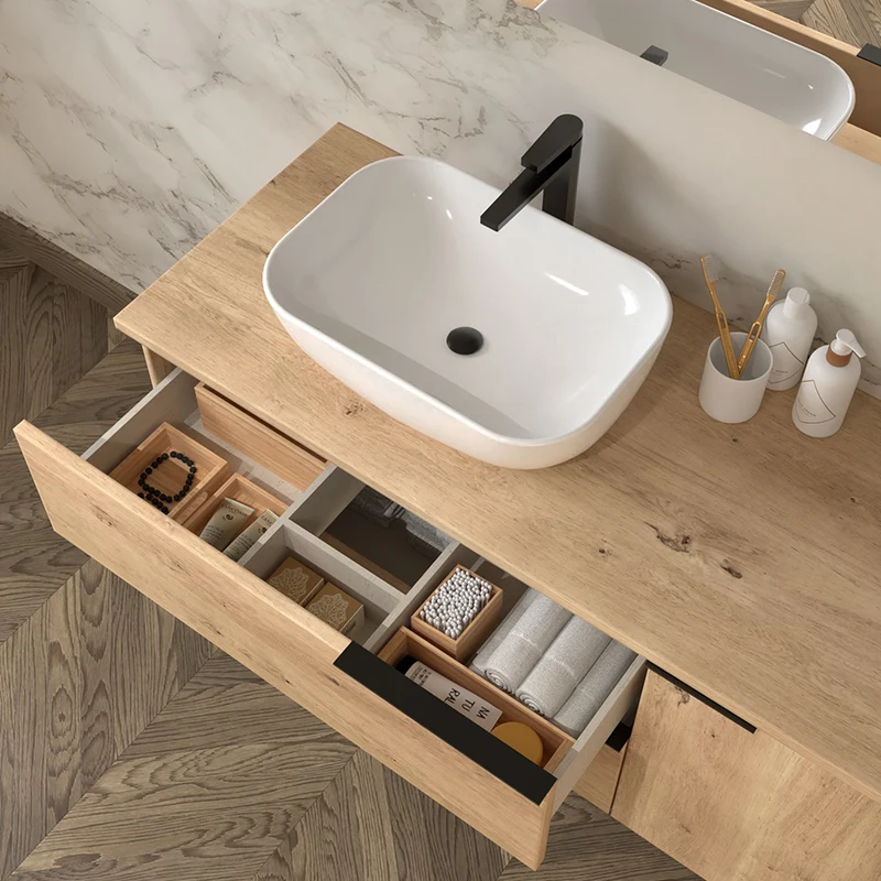 Meuble de salle de bain 100cm avec vasque à poser arrondie - 2 tiroirs et un placard - KING
