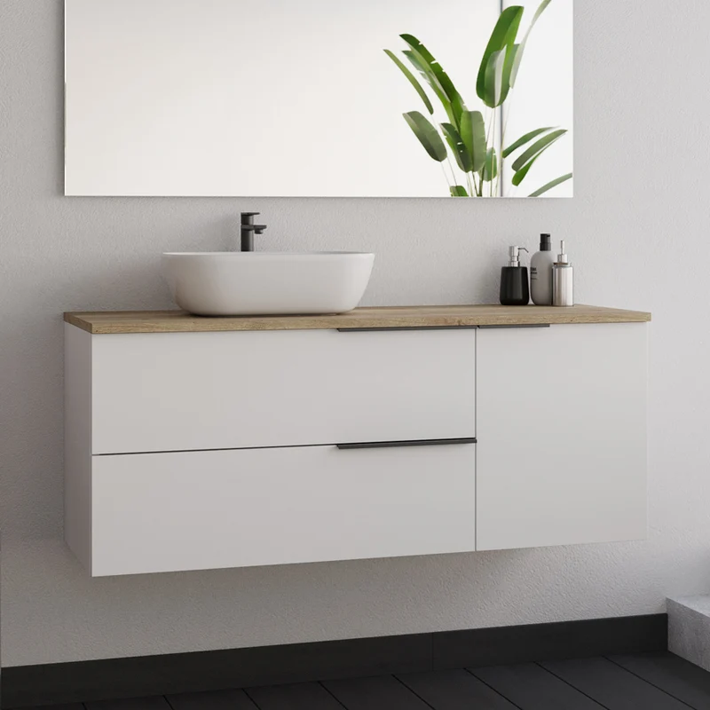 Meuble de salle de bain 120cm avec vasque à poser arrondie - sans miroir - 2 tiroirs et un placard - blanc laqué - KING