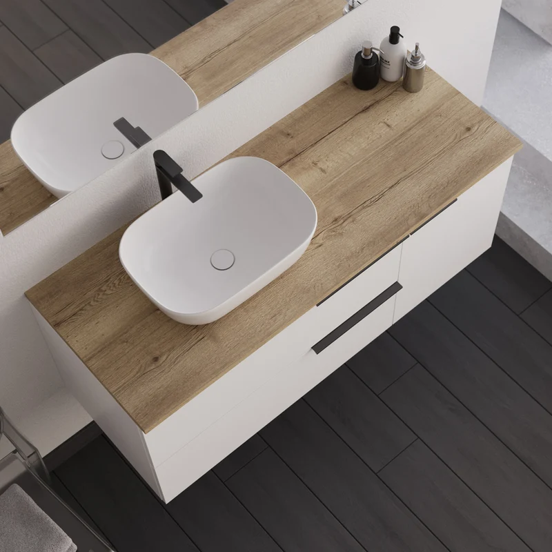 Meuble de salle de bain 120cm avec vasque à poser arrondie - sans miroir - 2 tiroirs et un placard - blanc laqué - KING
