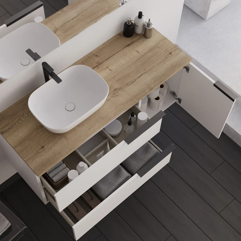 Meuble de salle de bain 120cm avec vasque à poser arrondie - sans miroir - 2 tiroirs et un placard - blanc laqué - KING
