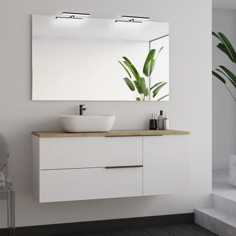 Meuble de salle de bain 120cm avec vasque à poser arrondie - 2 tiroirs et un placard et miroir avec appliques - blanc laqué - KING