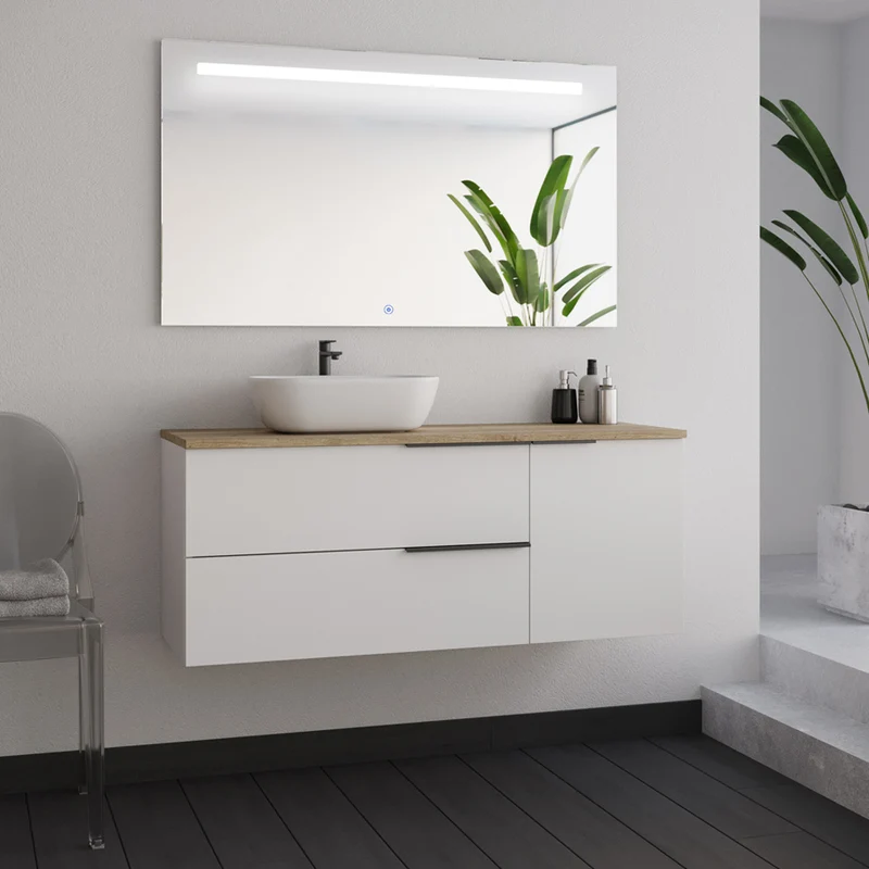 Meuble de salle de bain 120cm avec vasque à poser arrondie - 2 tiroirs et un placard - blanc laqué - KING et miroir Led STAM