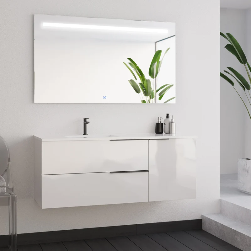 Meuble de salle de bain 120cm avec vasque déportée - 2 tiroirs et un placard - blanc laqué - KING et miroir STAM