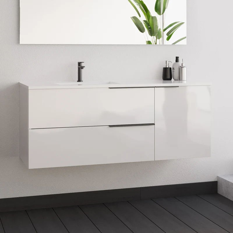 Meuble de salle de bain 120cm avec vasque déportée - 2 tiroirs et un placard - blanc laqué - KING