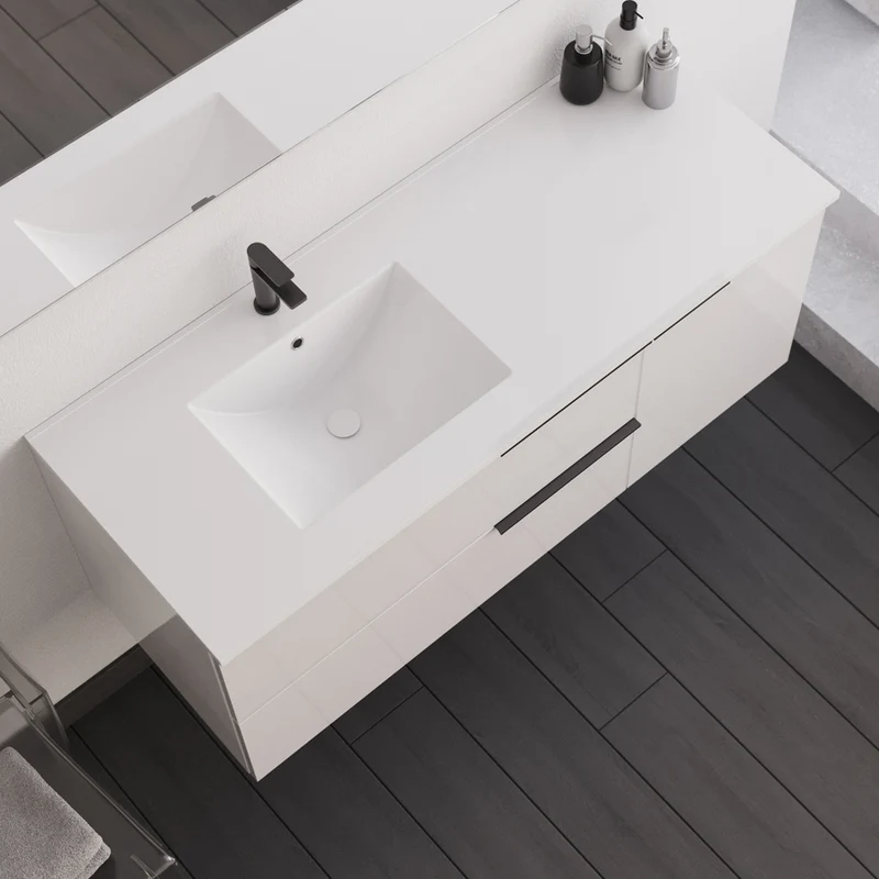 Meuble de salle de bain 120cm avec vasque déportée - 2 tiroirs et un placard - blanc laqué - KING