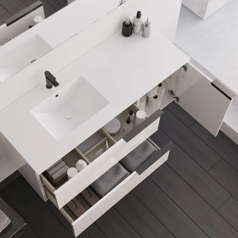 Meuble de salle de bain 120cm avec vasque déportée - 2 tiroirs et un placard - blanc laqué - KING