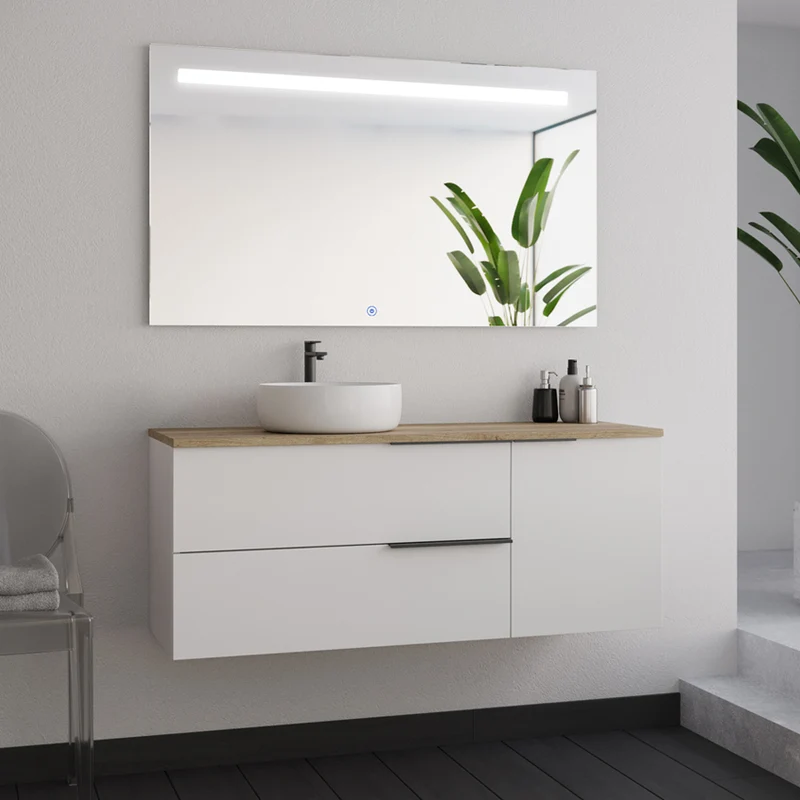 Meuble de salle de bain 120cm avec vasque à poser ronde - 2 tiroirs et un placard - blanc laqué - KING et miroir Led STAM