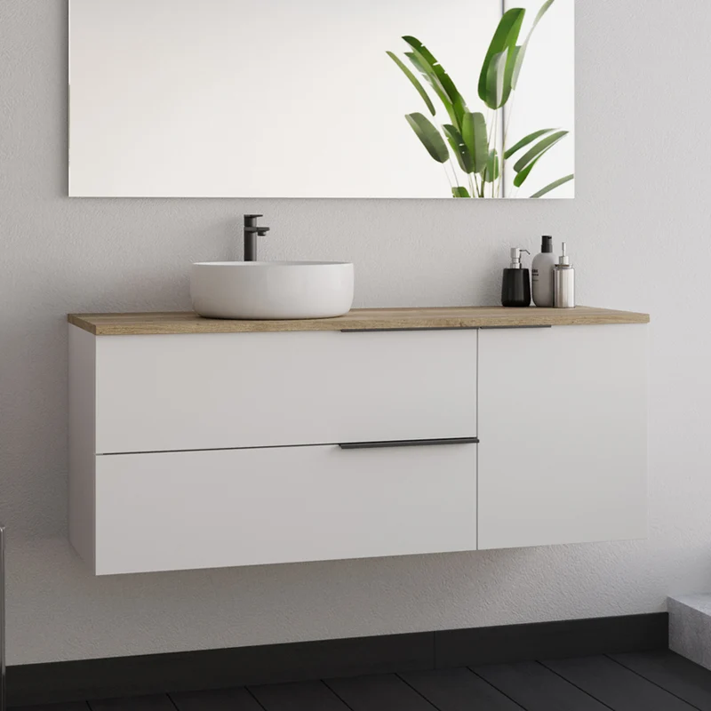 Meuble de salle de bain 120cm avec vasque à poser ronde - 2 tiroirs et un placard - blanc laqué - KING et miroir Led STAM
