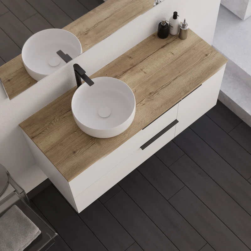 Meuble de salle de bain 120cm avec vasque à poser ronde - 2 tiroirs et un placard - blanc laqué - KING et miroir Led STAM