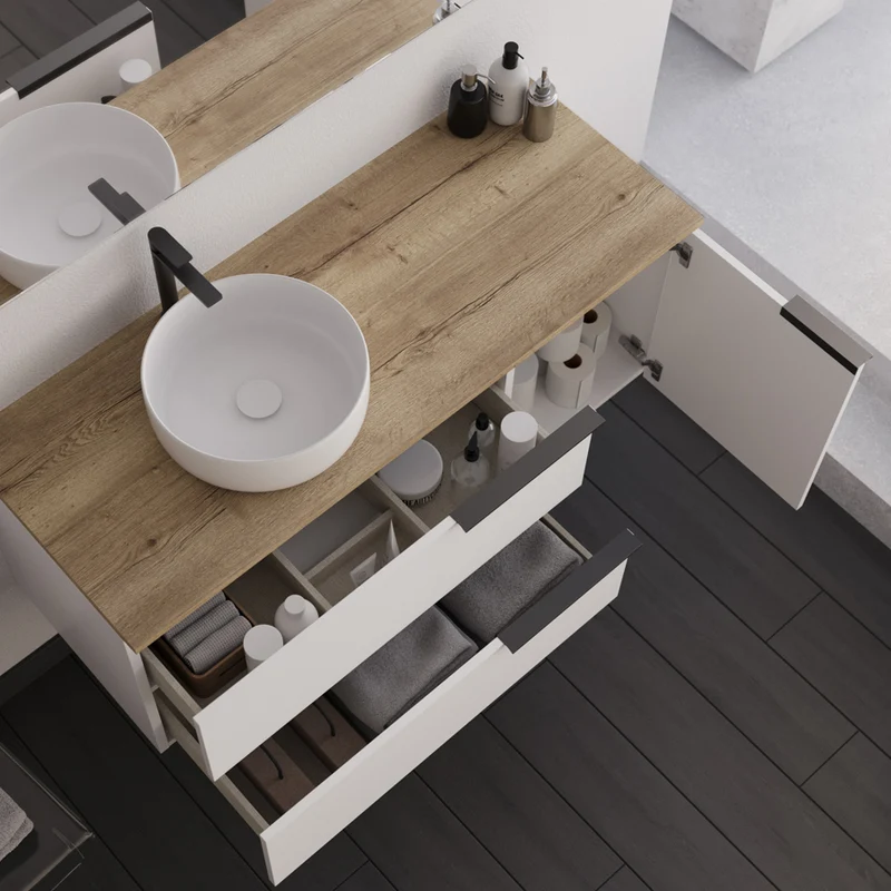 Meuble de salle de bain 120cm avec vasque à poser ronde - 2 tiroirs et un placard - blanc laqué - KING et miroir Led STAM