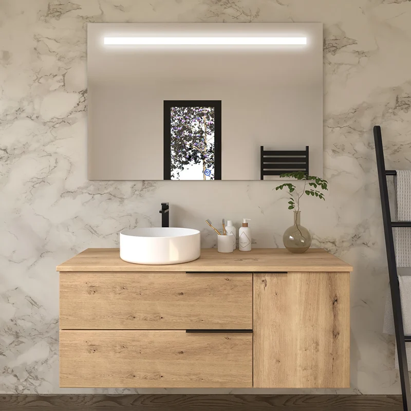 Meuble de salle de bain 100cm avec vasque à poser ronde - 2 tiroirs et un placard et miroir Led STAM - KING
