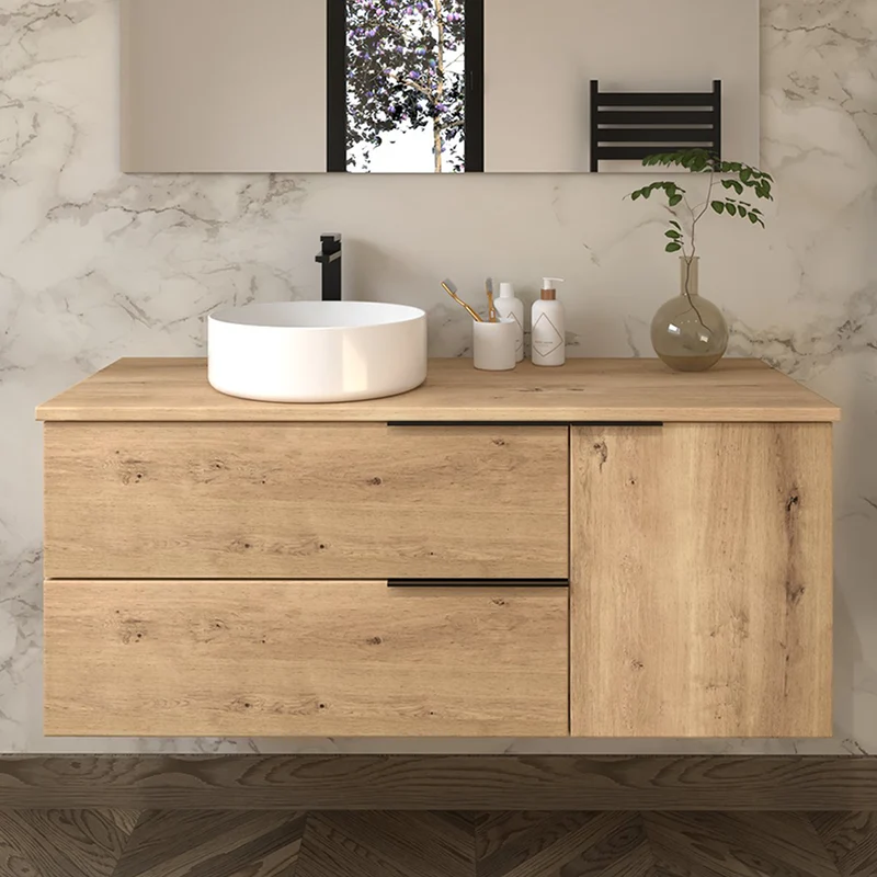 Meuble de salle de bain 100cm avec vasque à poser ronde - 2 tiroirs et un placard - KING