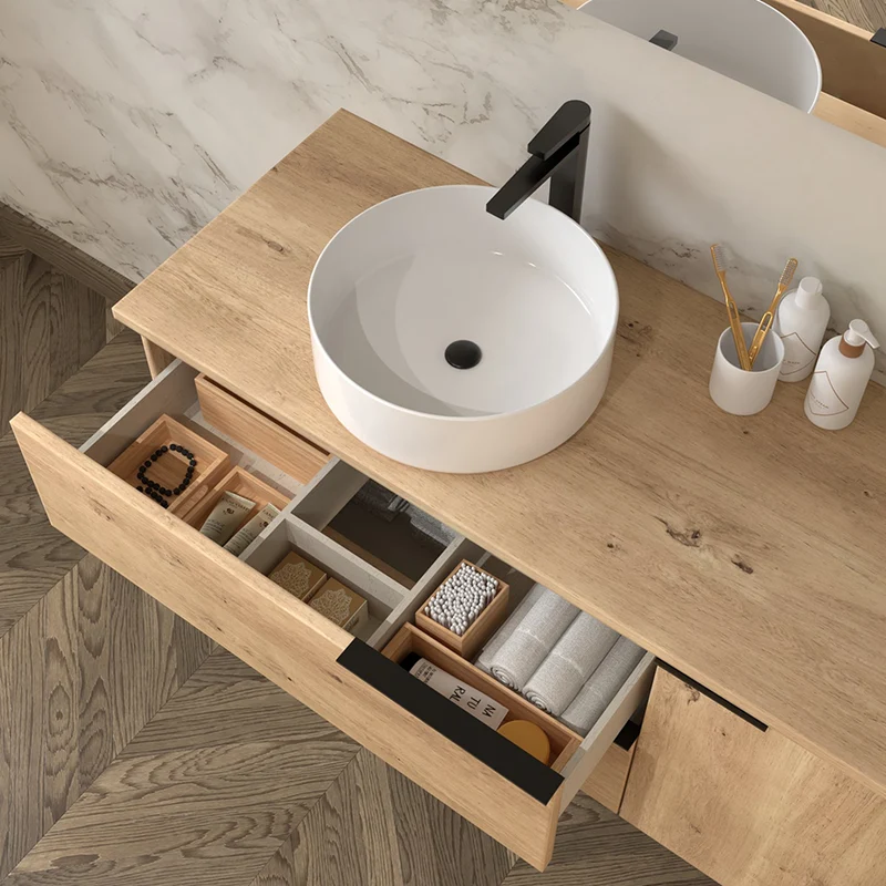 Meuble de salle de bain 100cm avec vasque à poser ronde - 2 tiroirs et un placard - KING