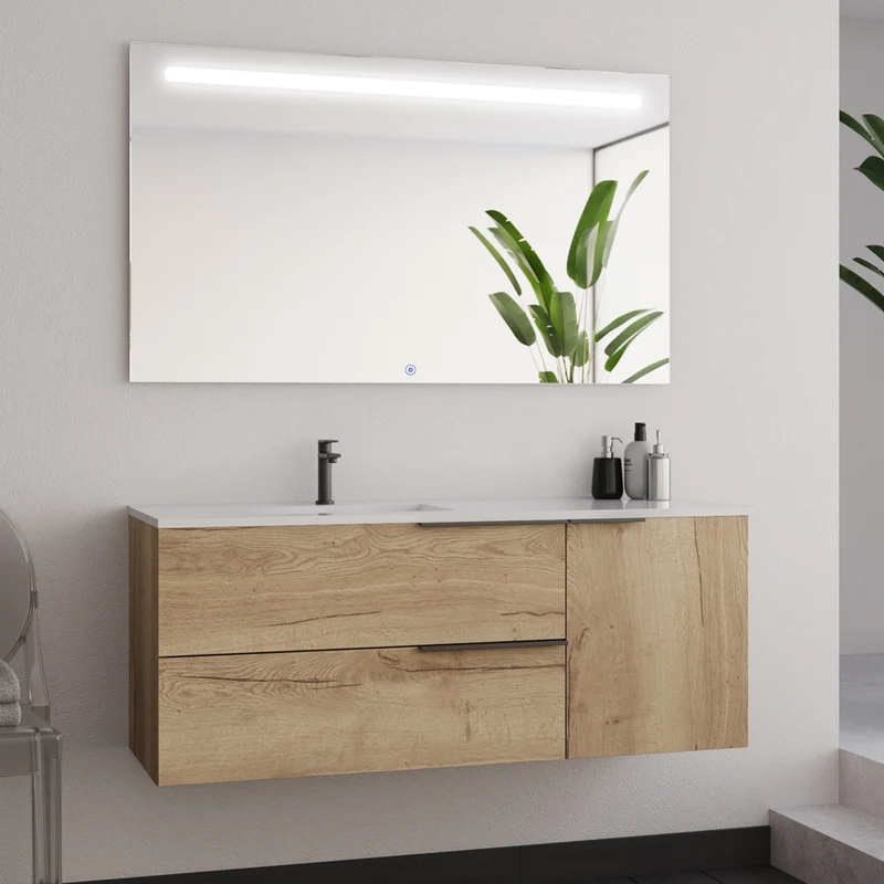 Meuble de salle de bain 120cm vasque déportée - 2 tiroirs et un placard - KING et miroir Led STAM