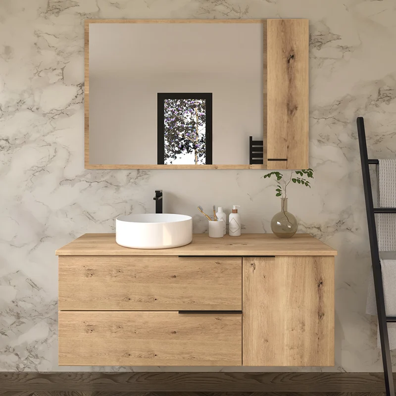 Meuble de salle de bain 100cm avec vasque à poser ronde - 2 tiroirs et un placard et miroir avec armoirette - KING