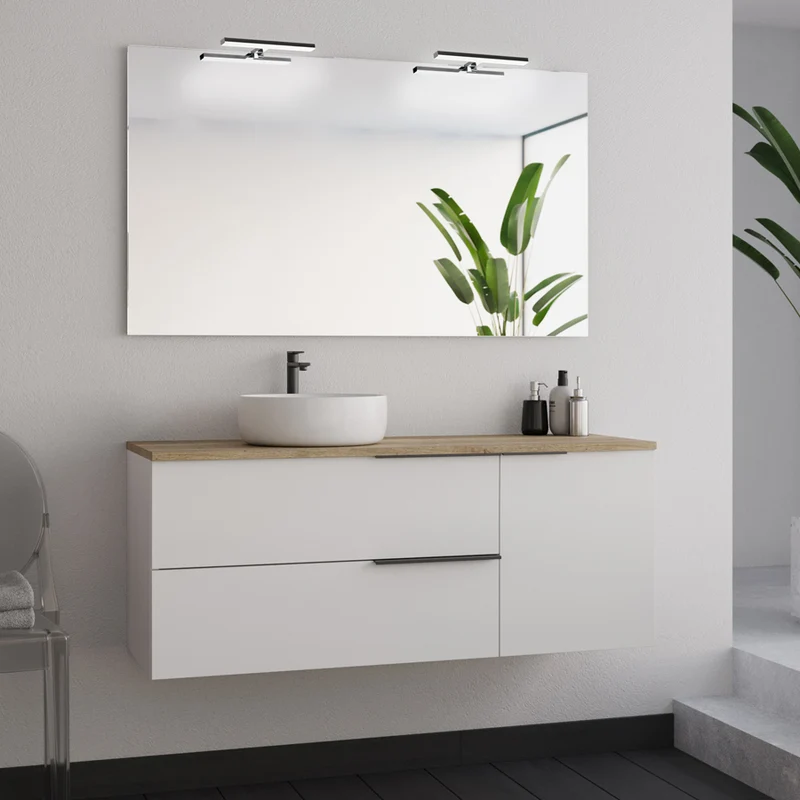 Meuble de salle de bain 120cm avec vasque à poser ronde - 2 tiroirs et un placard et miroir avec appliques - blanc laqué - KING