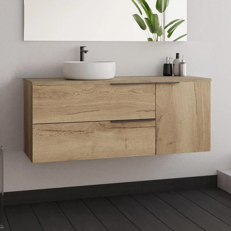 Meuble de salle de bain 120cm avec vasque à poser ronde - 2 tiroirs et un placard - KING