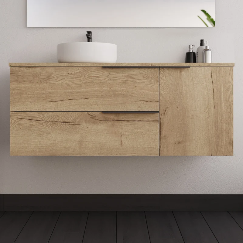 Meuble de salle de bain 120cm avec vasque à poser ronde - 2 tiroirs et un placard - KING