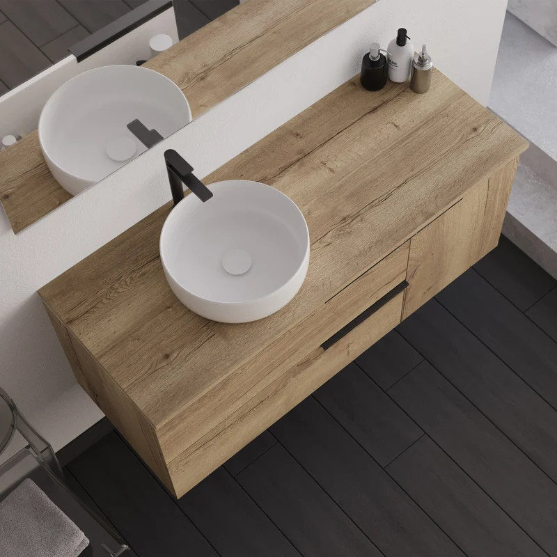 Meuble de salle de bain 120cm avec vasque à poser ronde - 2 tiroirs et un placard - KING