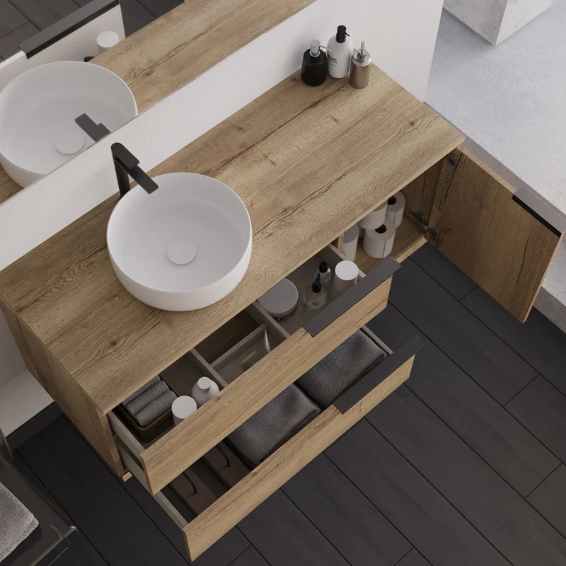 Meuble de salle de bain 120cm avec vasque à poser ronde - 2 tiroirs et un placard - KING