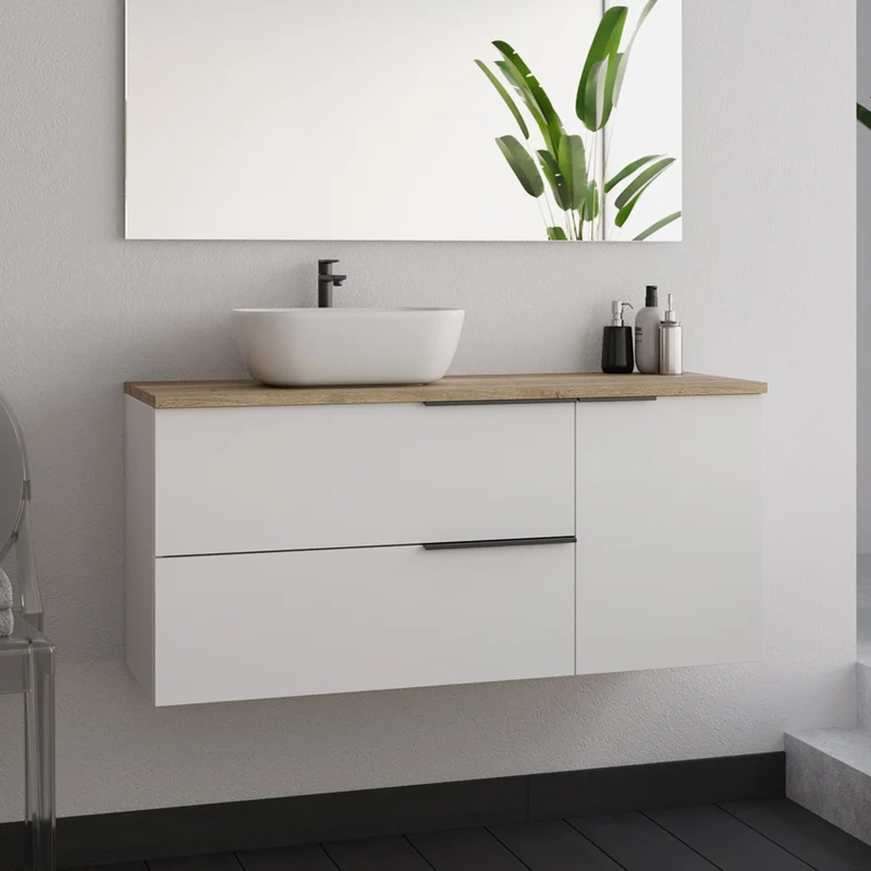 Meuble de salle de bain 100cm avec vasque à poser arrondie - 2 tiroirs et un placard - sans miroir - blanc laqué - KING