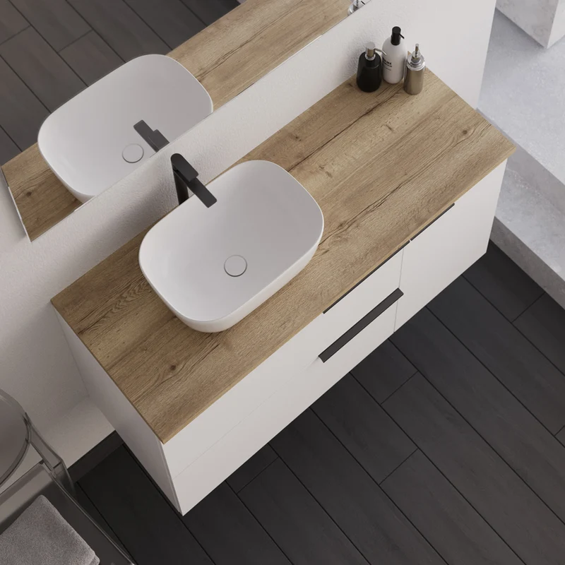 Meuble de salle de bain 100cm avec vasque à poser arrondie - 2 tiroirs et un placard - sans miroir - blanc laqué - KING