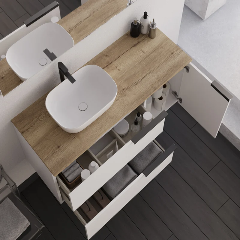 Meuble de salle de bain 100cm avec vasque à poser arrondie - 2 tiroirs et un placard - sans miroir - blanc laqué - KING