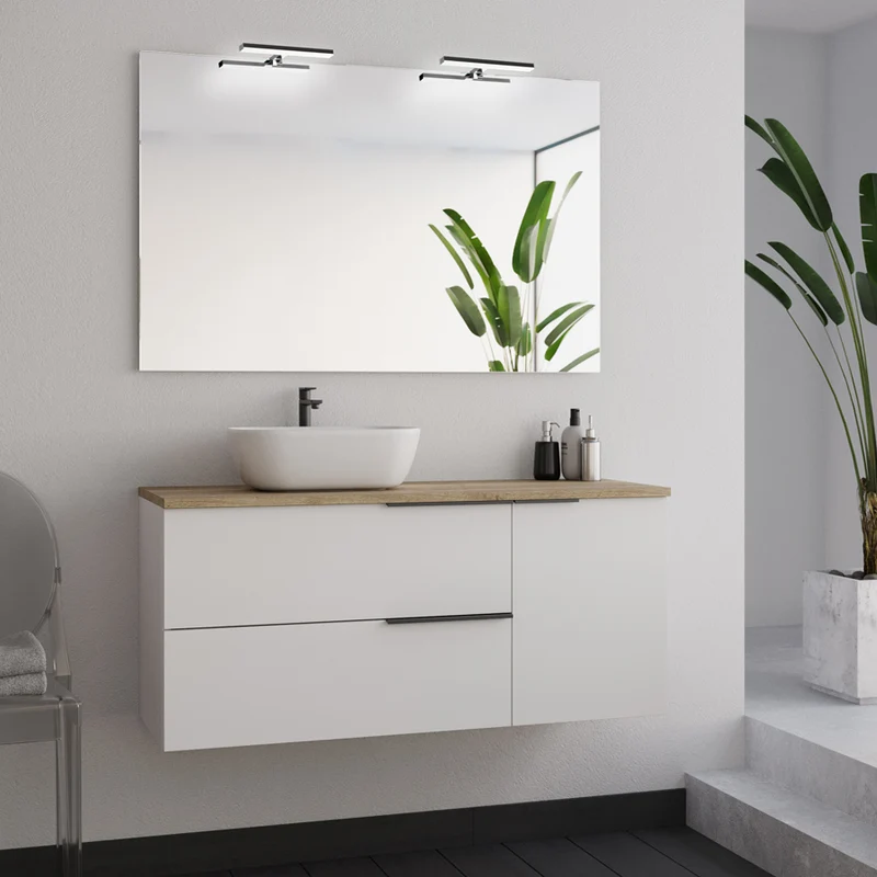 Meuble de salle de bain 100cm avec vasque à poser arrondie - 2 tiroirs et un placard et miroir avec appliques - blanc laqué - KING
