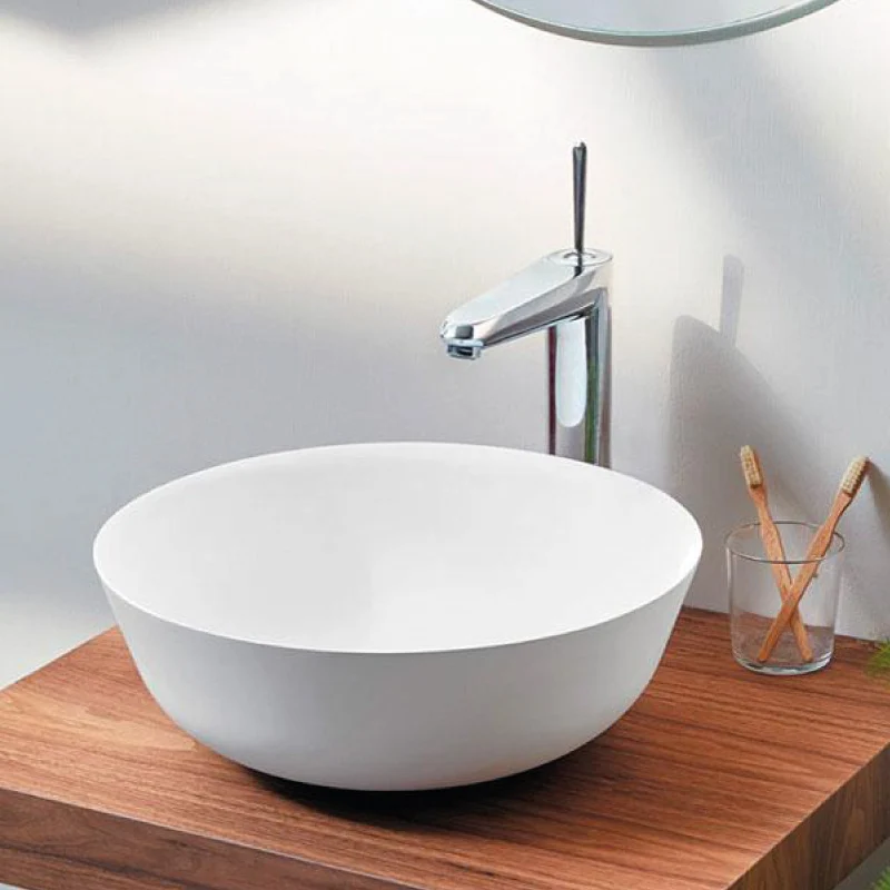 Lavabo blanco mate sobre encimera redondo BOL Ø41cm marmol cultivado