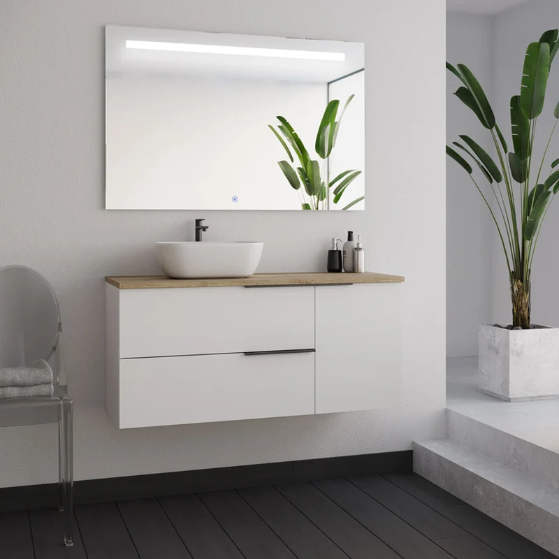 Meuble de salle de bain 100cm avec vasque à poser arrondie - 2 tiroirs et un placard et un miroir Led STAM - blanc laqué - KING