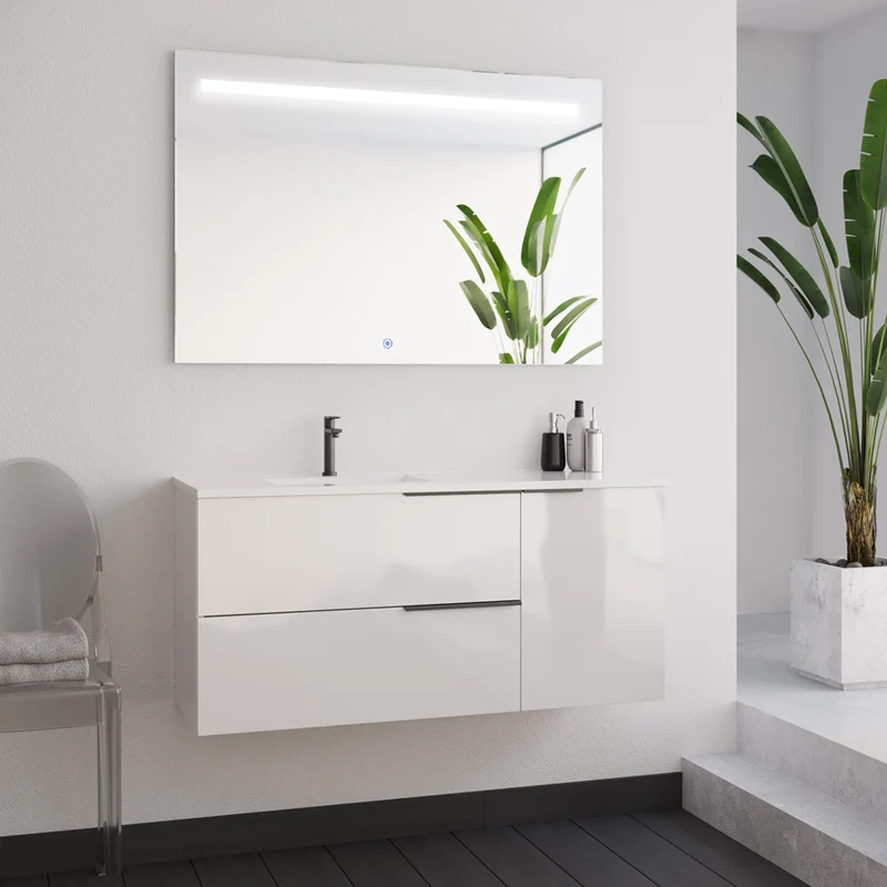 Meuble de salle de bain 100cm avec vasque déportée - 2 tiroirs et un placard et miroir STAM - blanc laqué - KING