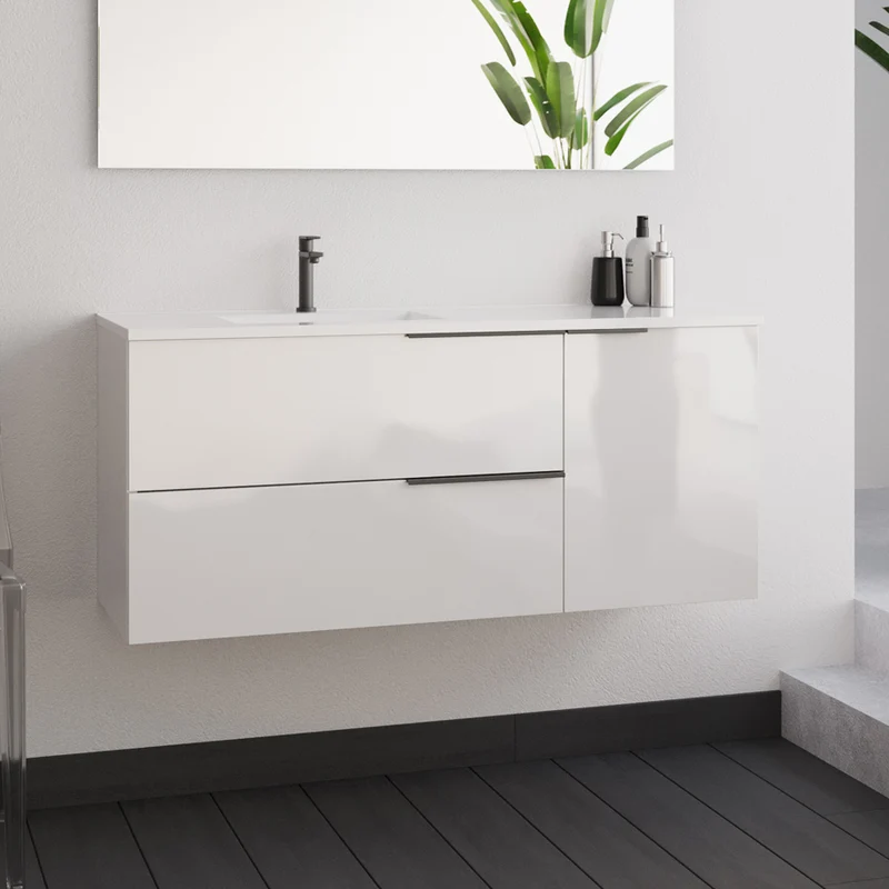 Meuble de salle de bain 100cm avec vasque déportée - 2 tiroirs et un placard - blanc laqué - KING