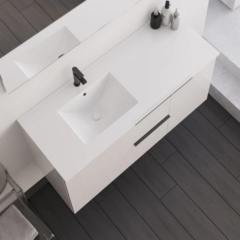 Meuble de salle de bain 100cm avec vasque déportée - 2 tiroirs et un placard - blanc laqué - KING