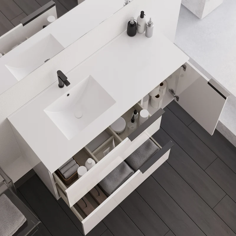 Meuble de salle de bain 100cm avec vasque déportée - 2 tiroirs et un placard - blanc laqué - KING