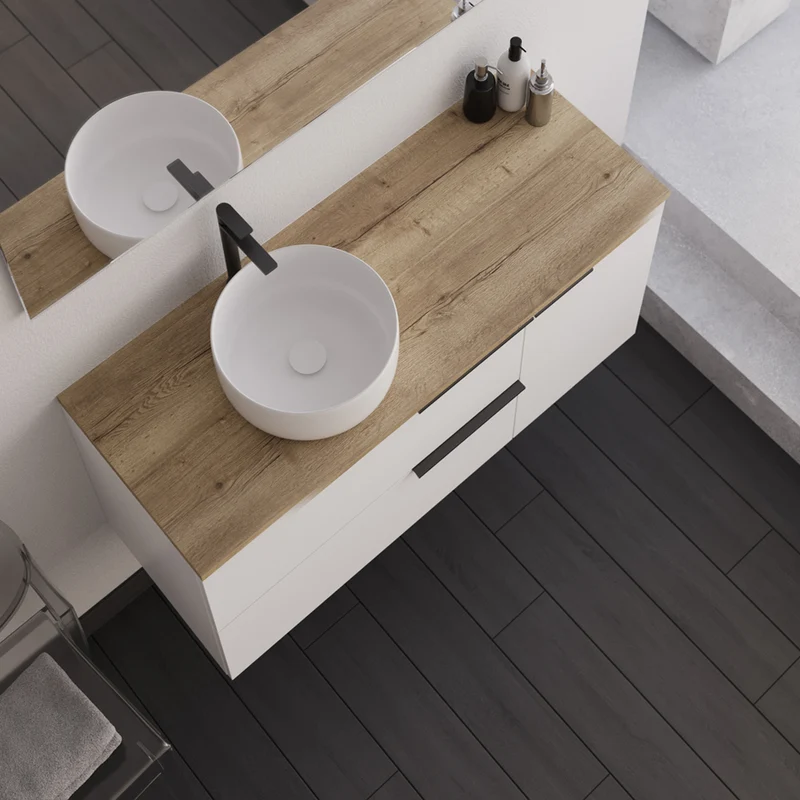Meuble de salle de bain 100cm avec vasque à poser ronde - 2 tiroirs et un placard - sans miroir - blanc laqué - KING