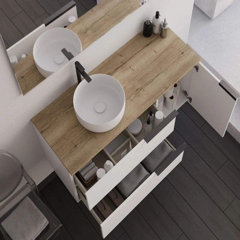 Meuble de salle de bain 100cm avec vasque à poser ronde - 2 tiroirs et un placard - sans miroir - blanc laqué - KING