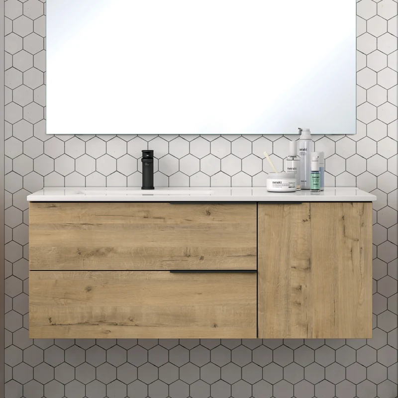 Meuble de salle de bain 100cm vasque déportée - 2 tiroirs et un placard - KING