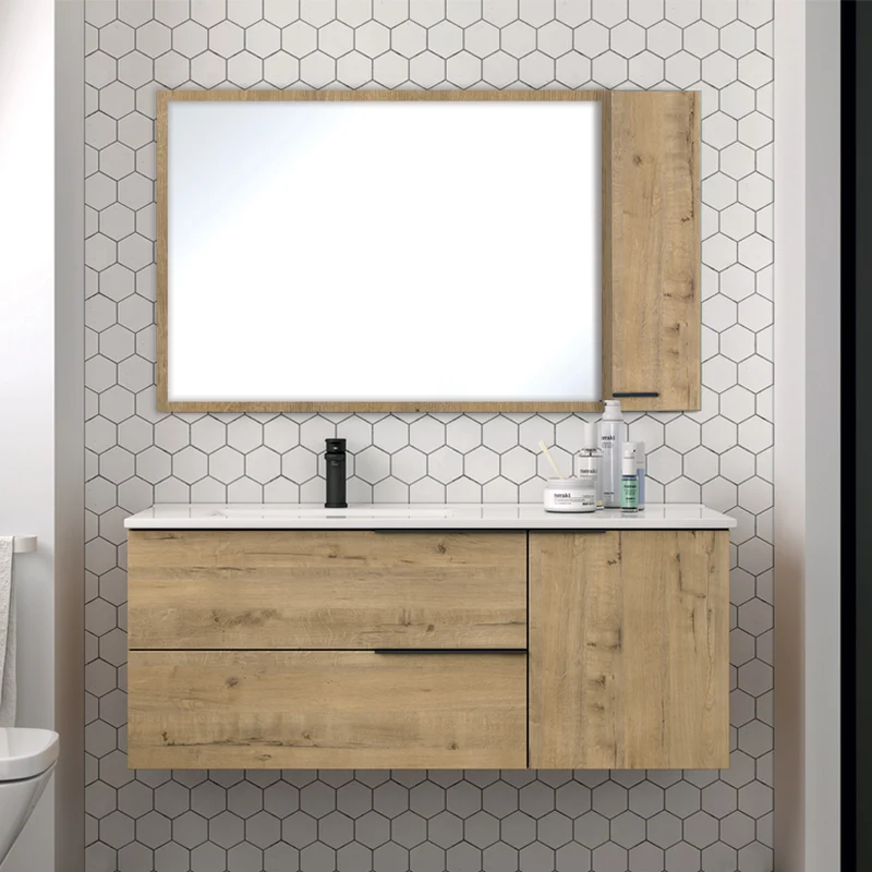Meuble de salle de bain 100cm vasque déportée - 2 tiroirs et un placard - miroir avec armoirette - KING