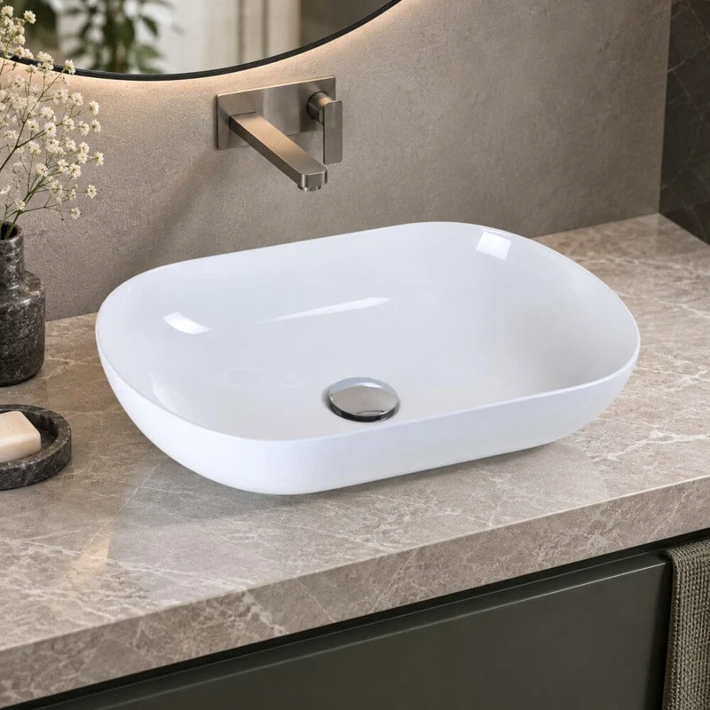Lavabo blanco brillante sobre encimera ovalado SIENA de mármol cultivado