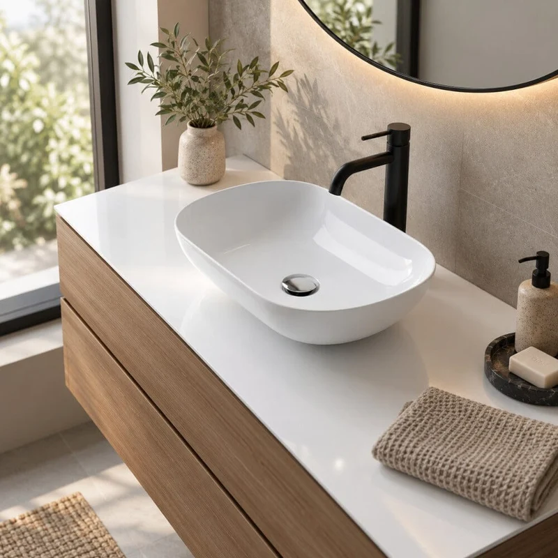 Lavabo blanco brillante sobre encimera ovalado SIENA de mármol cultivado