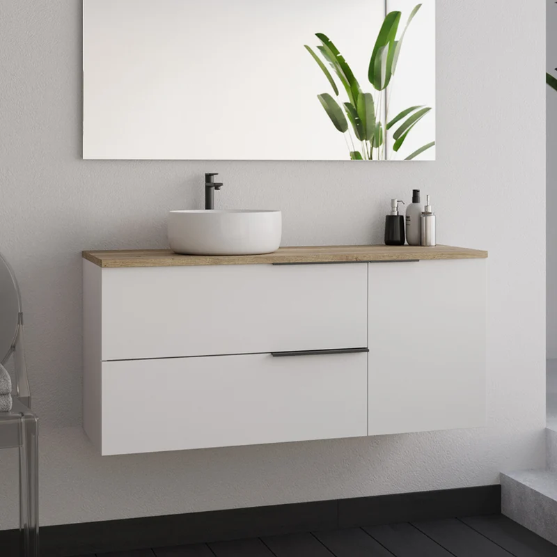 Meuble de salle de bain 100cm avec vasque à poser ronde - 2 tiroirs et un placard - sans miroir - blanc laqué - KING