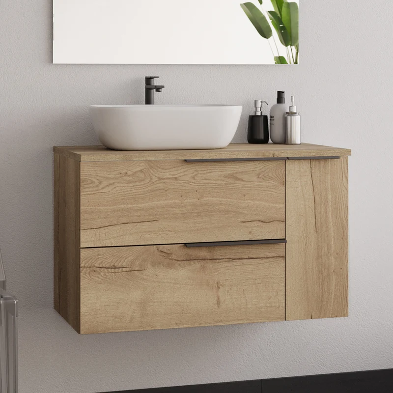 Meuble de salle de bain 80cm avec vasque à poser déportée arrondie- 2 tiroirs et un placard - KING
