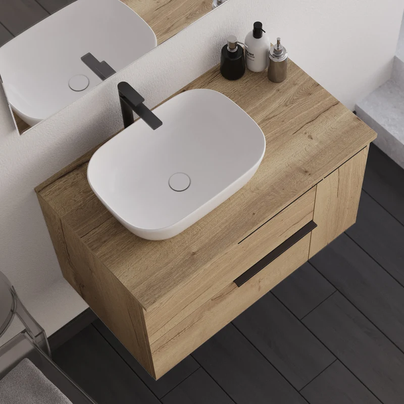 Meuble de salle de bain 80cm avec vasque à poser déportée arrondie- 2 tiroirs et un placard - KING