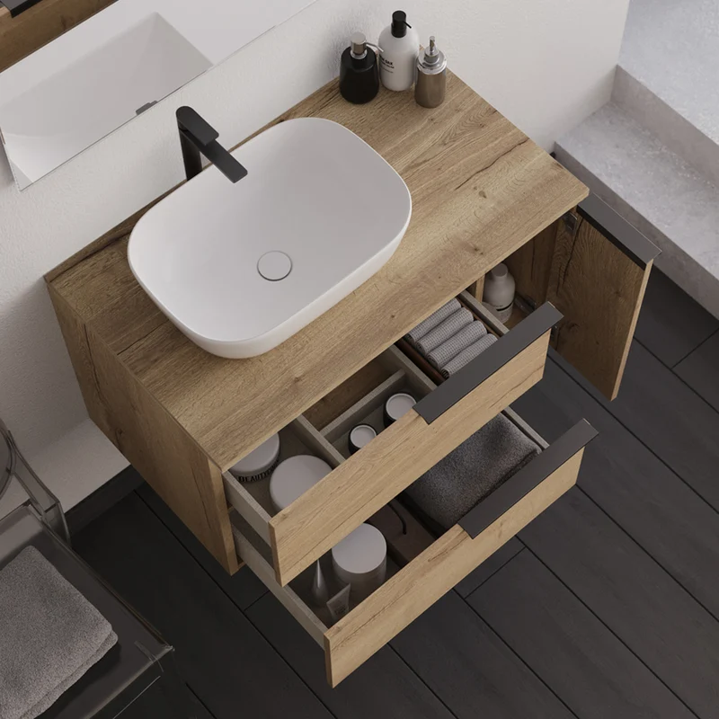 Meuble de salle de bain 80cm avec vasque à poser déportée arrondie- 2 tiroirs et un placard - KING