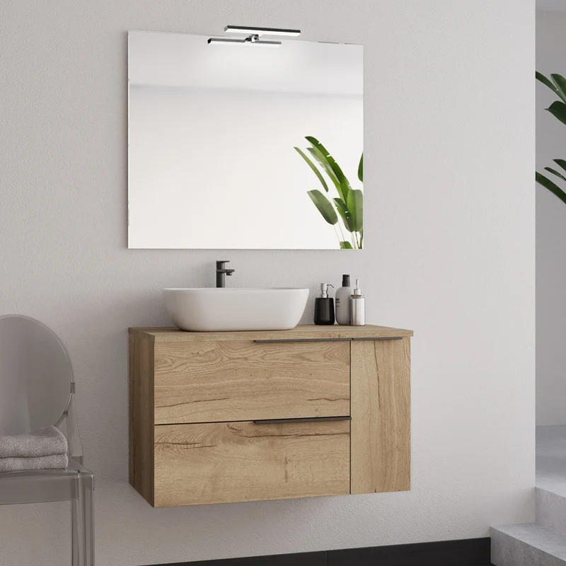 Meuble de salle de bain 80cm avec vasque à poser déportée arrondie- 2 tiroirs et un placard - KING