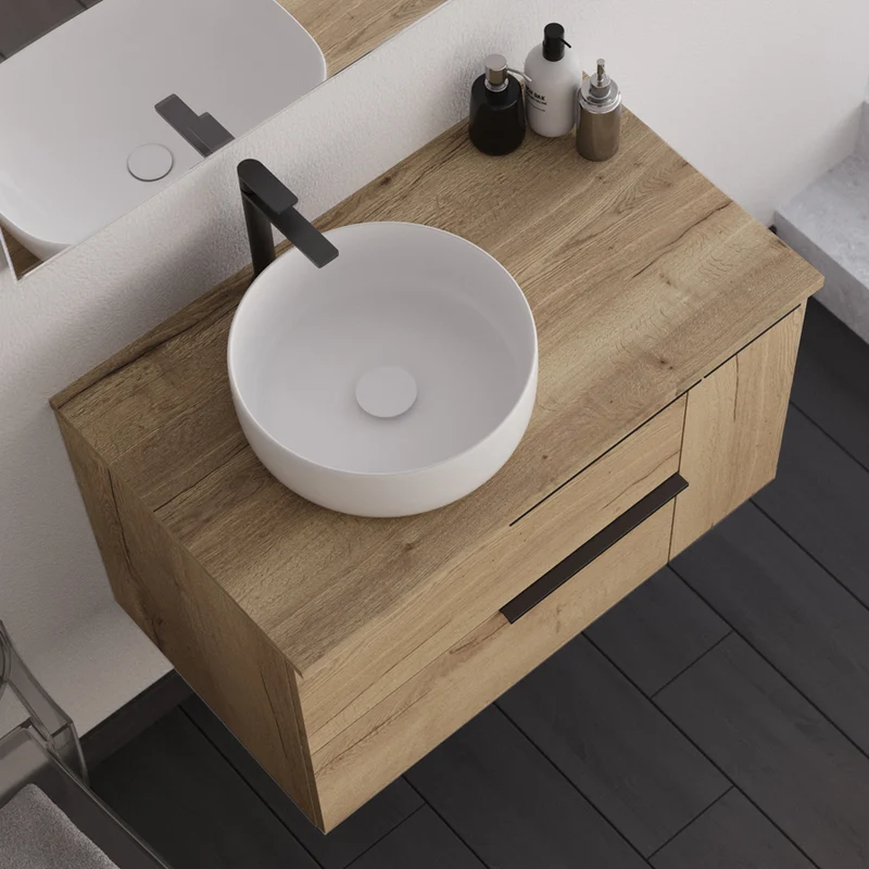 Meuble de salle de bain 80cm avec vasque à poser déportée ronde - sans miroir - 2 tiroirs et un placard - KING