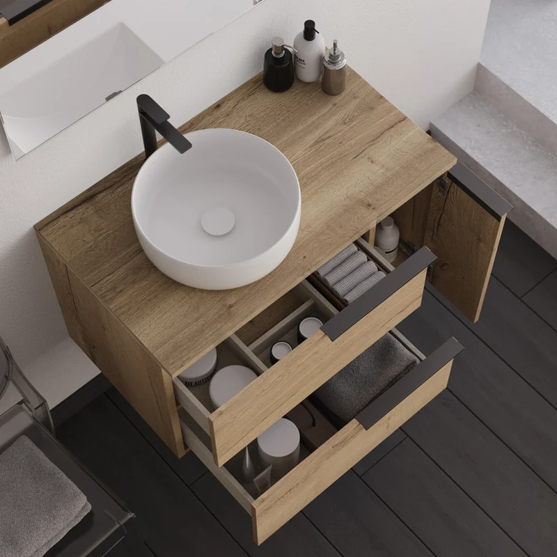Meuble de salle de bain 80cm avec vasque à poser déportée ronde - sans miroir - 2 tiroirs et un placard - KING